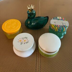 4 Vintage Avon sachet glass jars/ bluegreen 1ounce glass swan cologne bottle